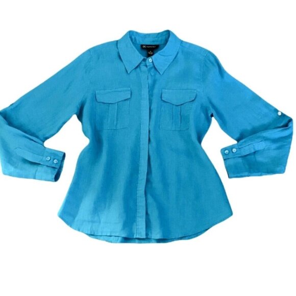INC International Concepts Linen Button Front Safari Shirt Sz 8 Turquoise 208G - Picture 1 of 6